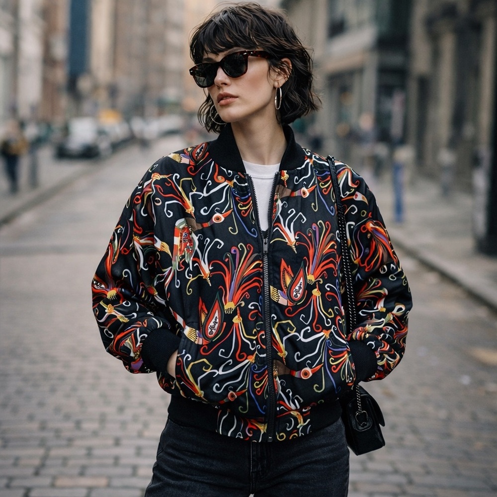 Vintage Carol Horn Workshop Silk Bomber Jacket Peacock Art Print‎ Size Small